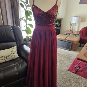 Haute Monde Burgundy Sequin Prom Dress